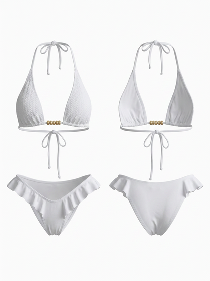 White Bandeau Wooden Bead Tie Front Ruffle Bikini