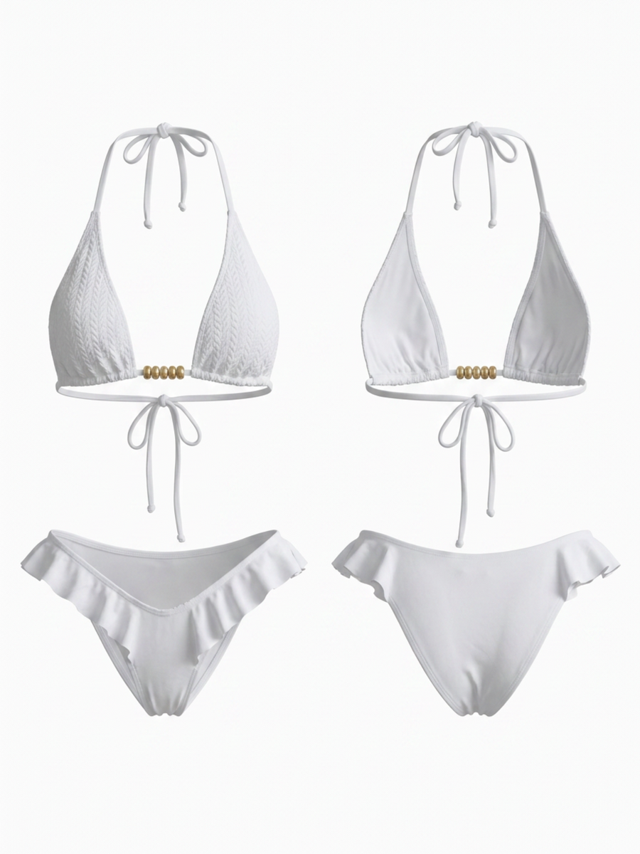 White Bandeau Wooden Bead Tie Front Ruffle Bikini