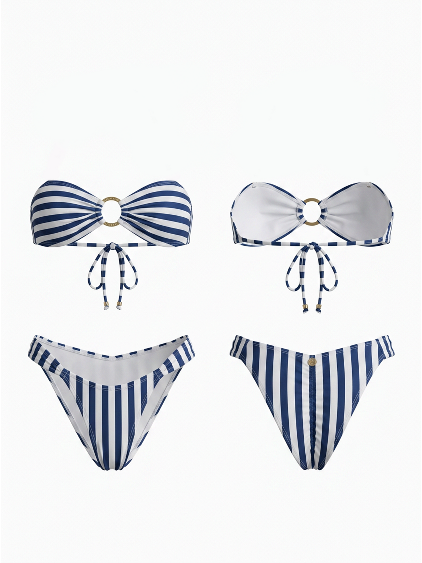 Blue White Stripe Bandeau Gold Ring High Cut Bikini