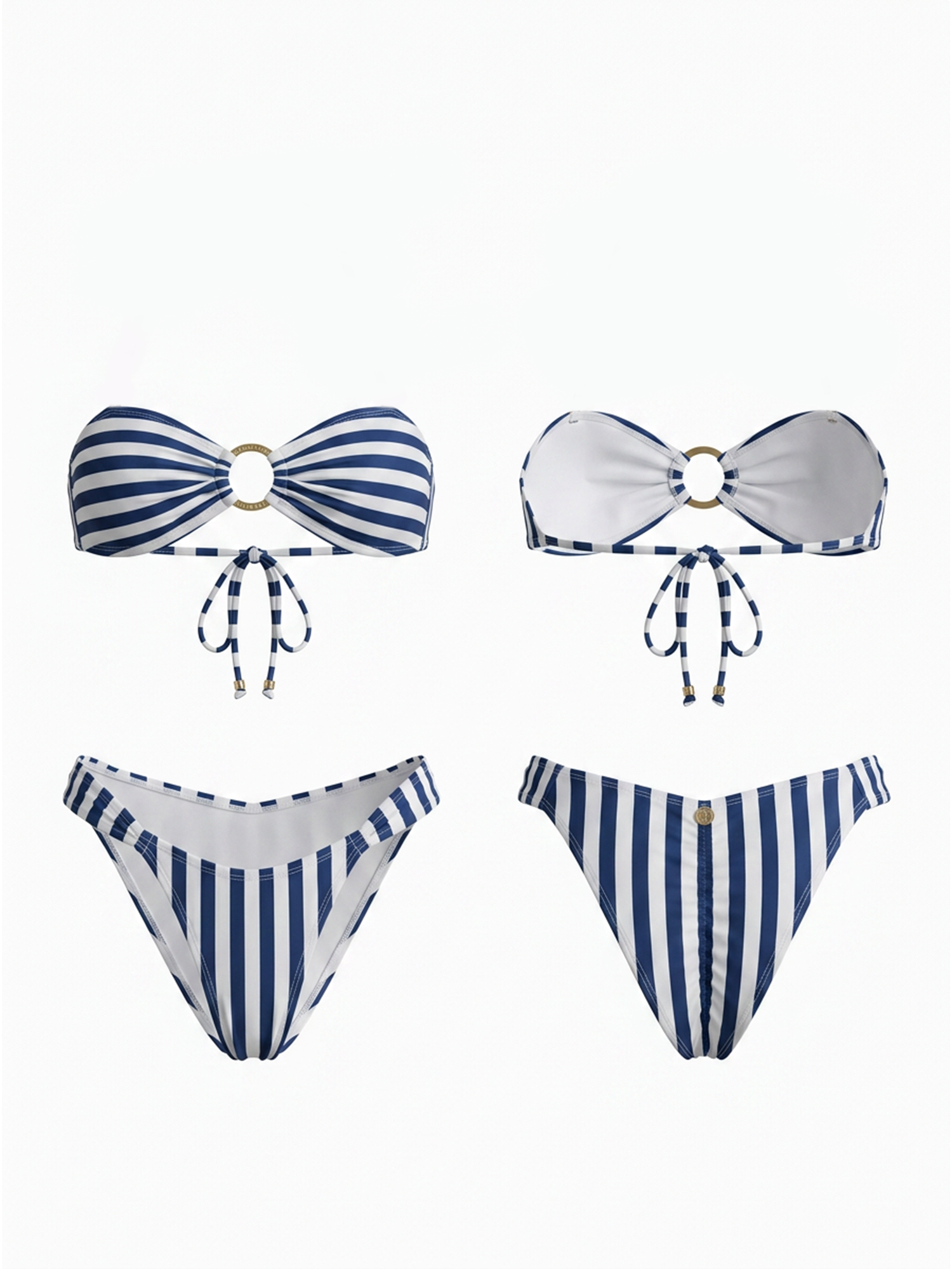 Blue White Stripe Bandeau Gold Ring High Cut Bikini