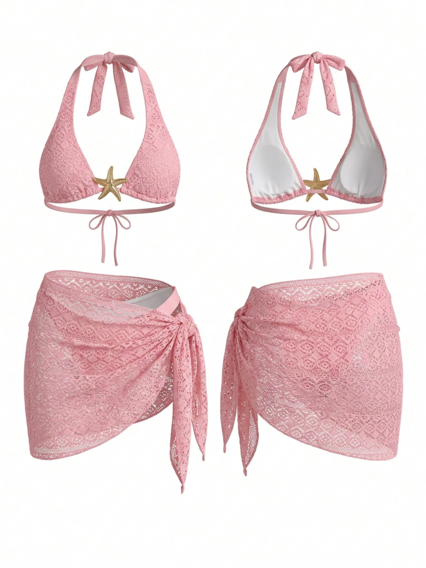 Pink Lace Starfish Halter Bikini With Wrap Skirt 3 Piece