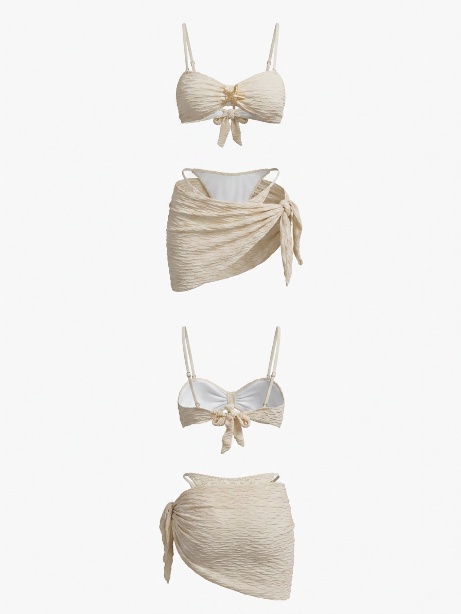Cream Textured Star Buckle Bikini Side Tie Wrap Skirt 3 Piece