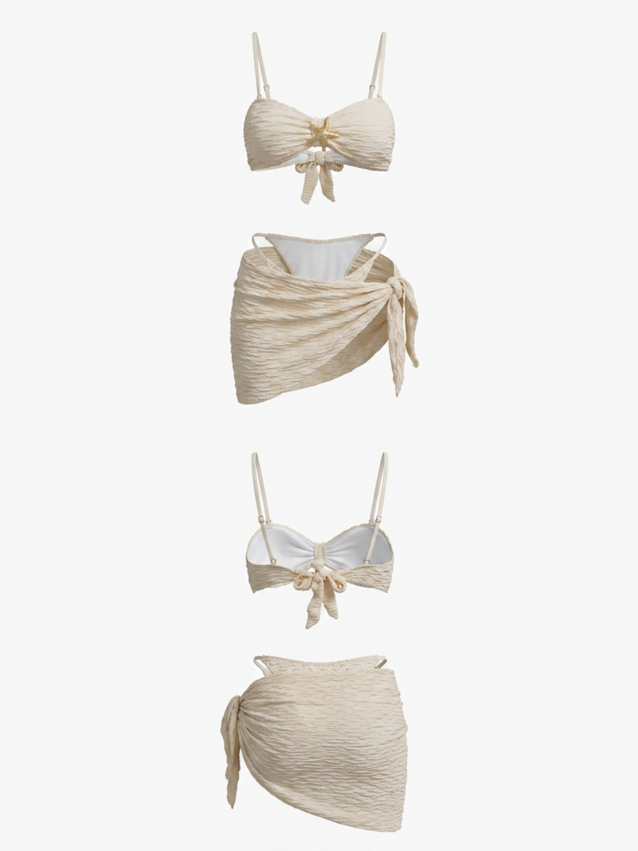 Cream Textured Star Buckle Bikini Side Tie Wrap Skirt 3 Piece