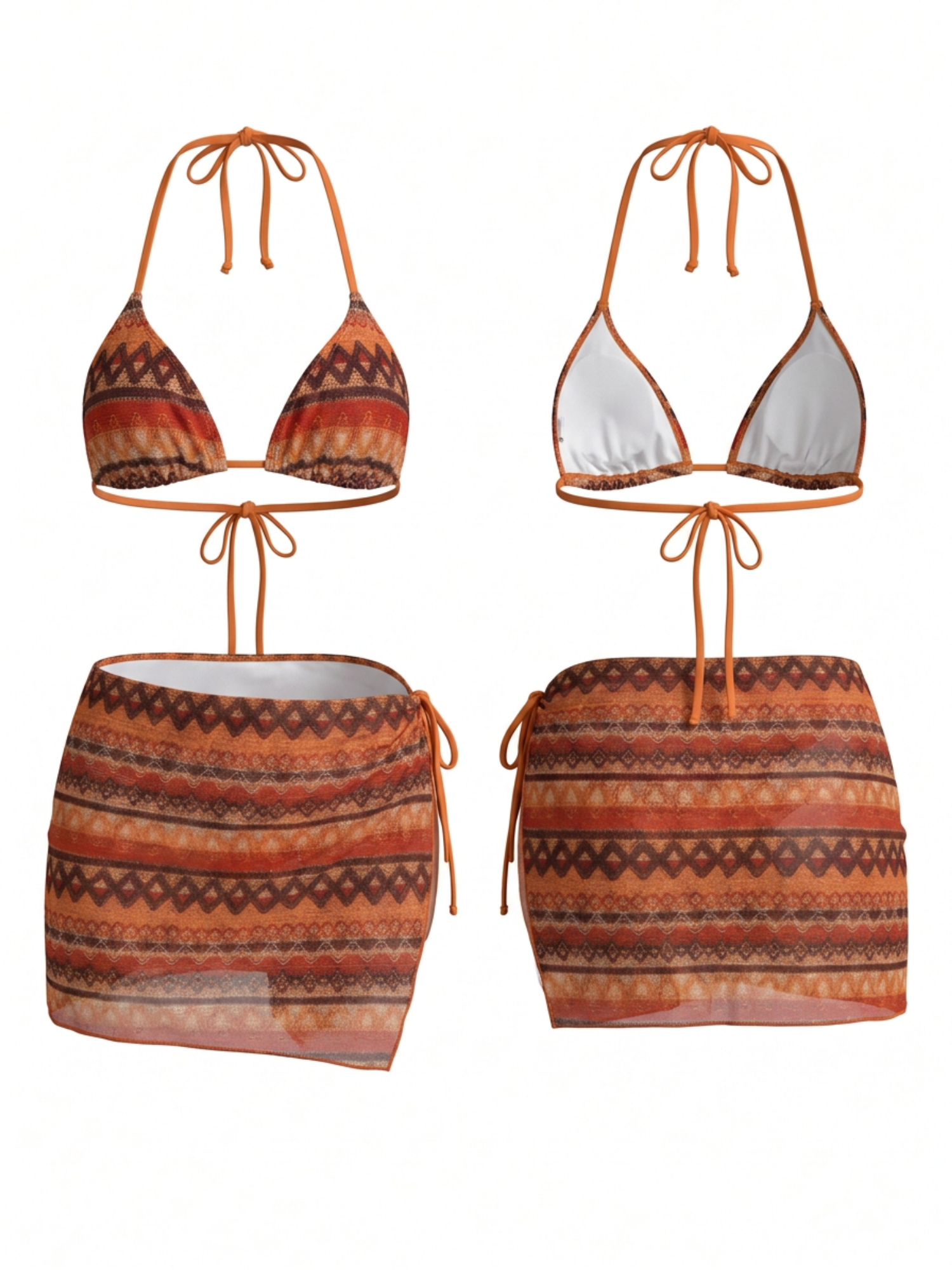 Boho Aztec Print Halter Bikini Side Tie Wrap Skirt 3 Piece
