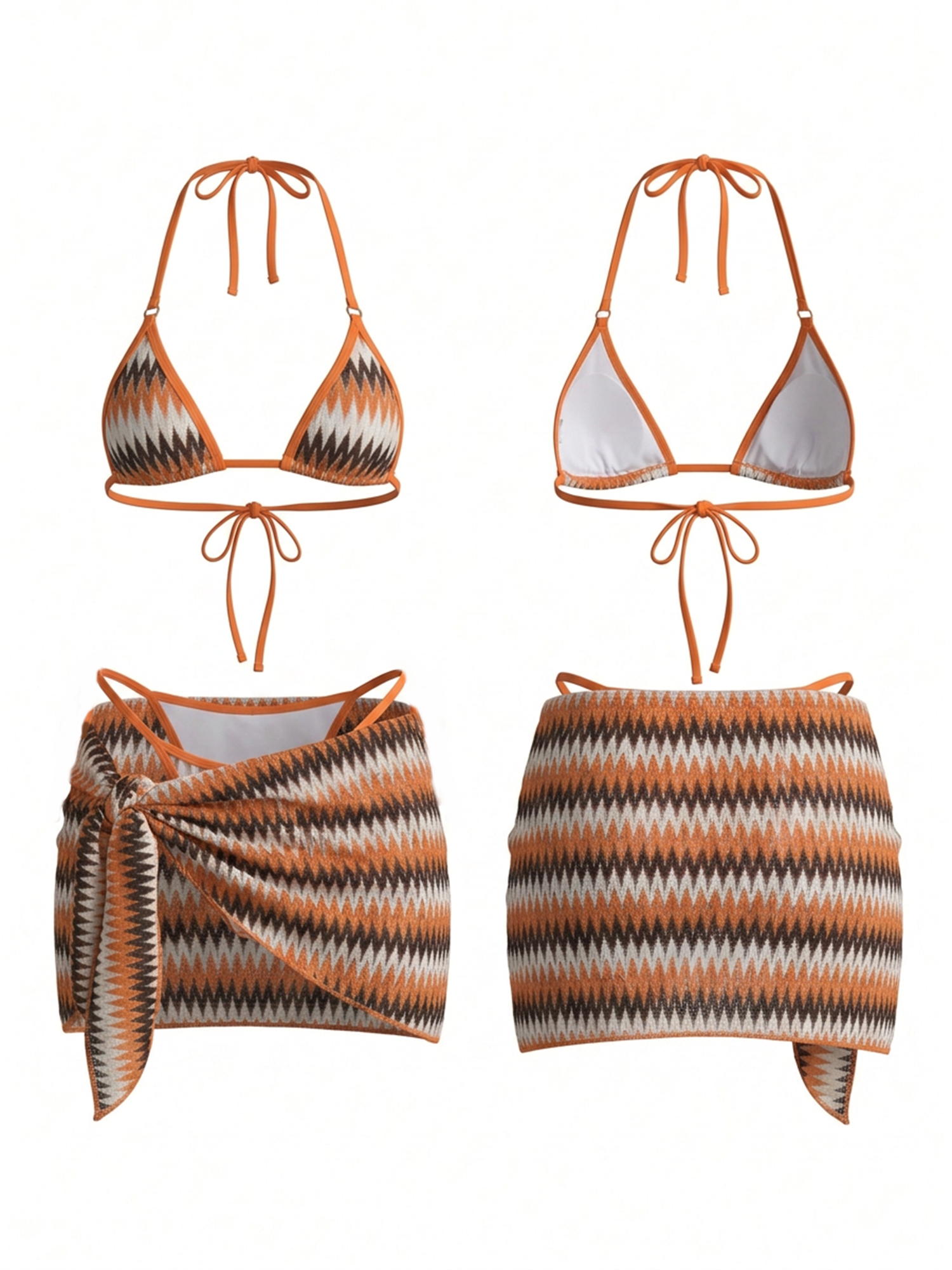 Orange Chevron Print Halter Bikini Wrap Skirt 3 Piece