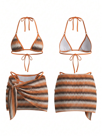 Orange Chevron Print Halter Bikini Wrap Skirt 3 Piece