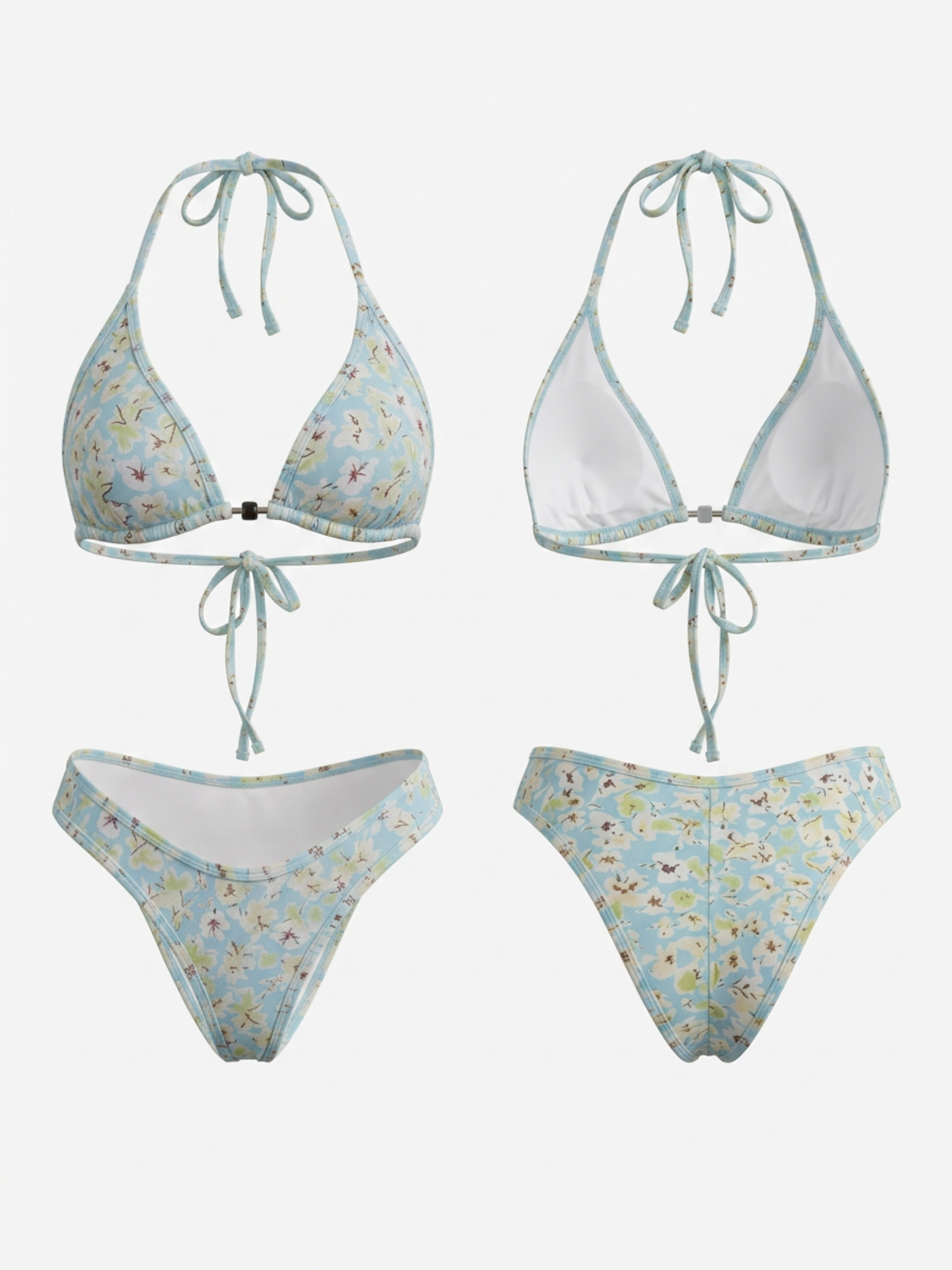 Light Blue Floral Halter Metal Buckle Two Piece Bikini Set