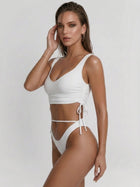 White Square Neck Side Drawstring Two Piece Bikini Set