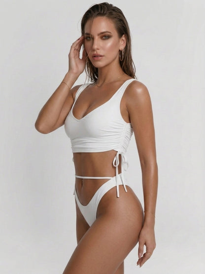White Square Neck Side Drawstring Two Piece Bikini Set