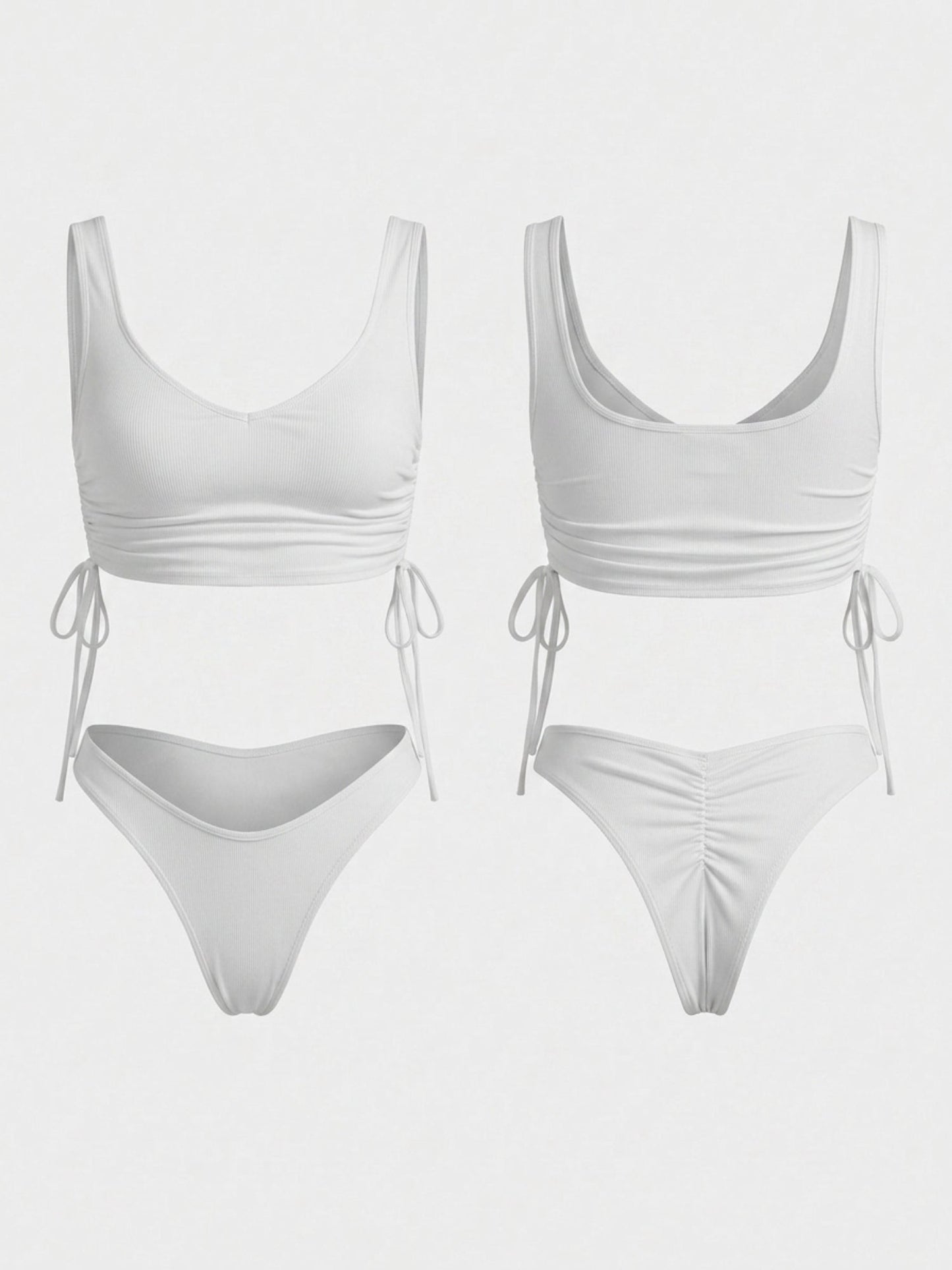 White Square Neck Side Drawstring Two Piece Bikini Set