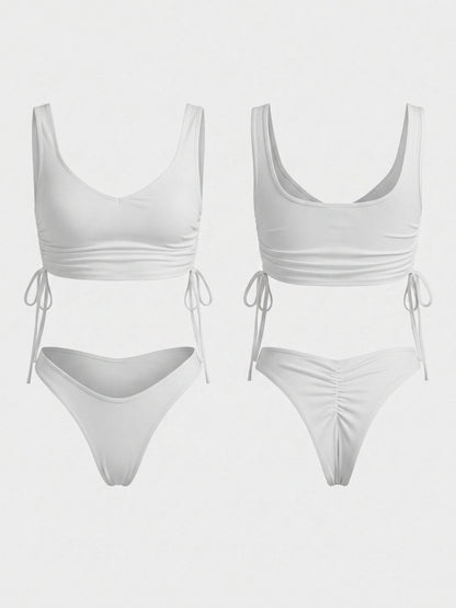 White Square Neck Side Drawstring Two Piece Bikini Set