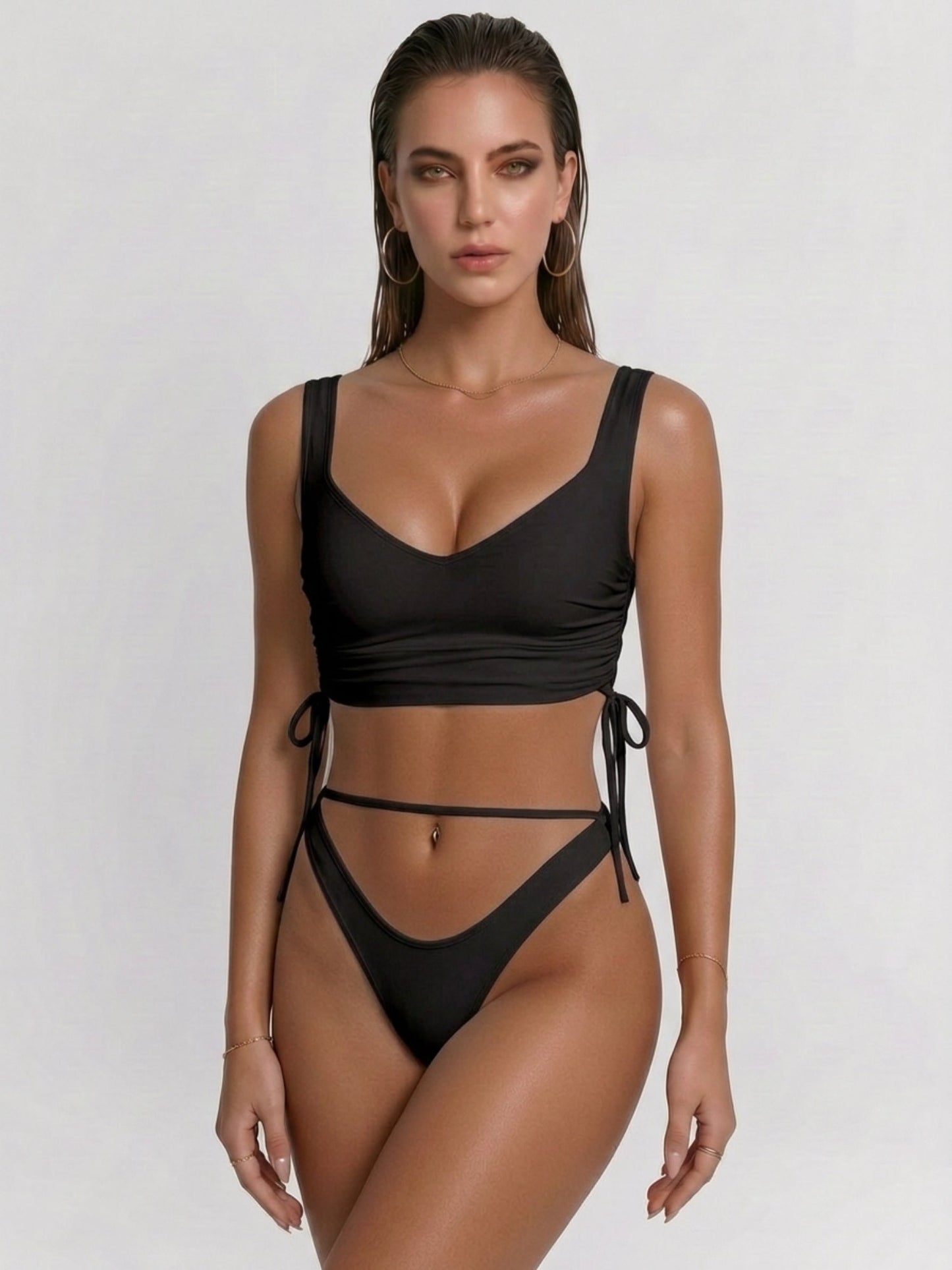 White Square Neck Side Drawstring Two Piece Bikini Set