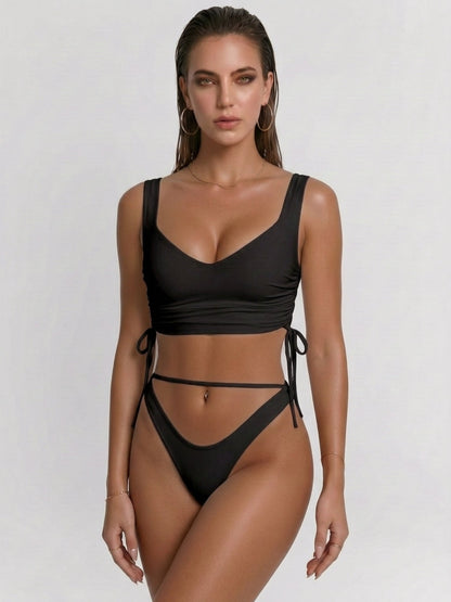 White Square Neck Side Drawstring Two Piece Bikini Set