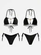 Black Halter Rhinestone Decor Side Tie Two Piece Bikini