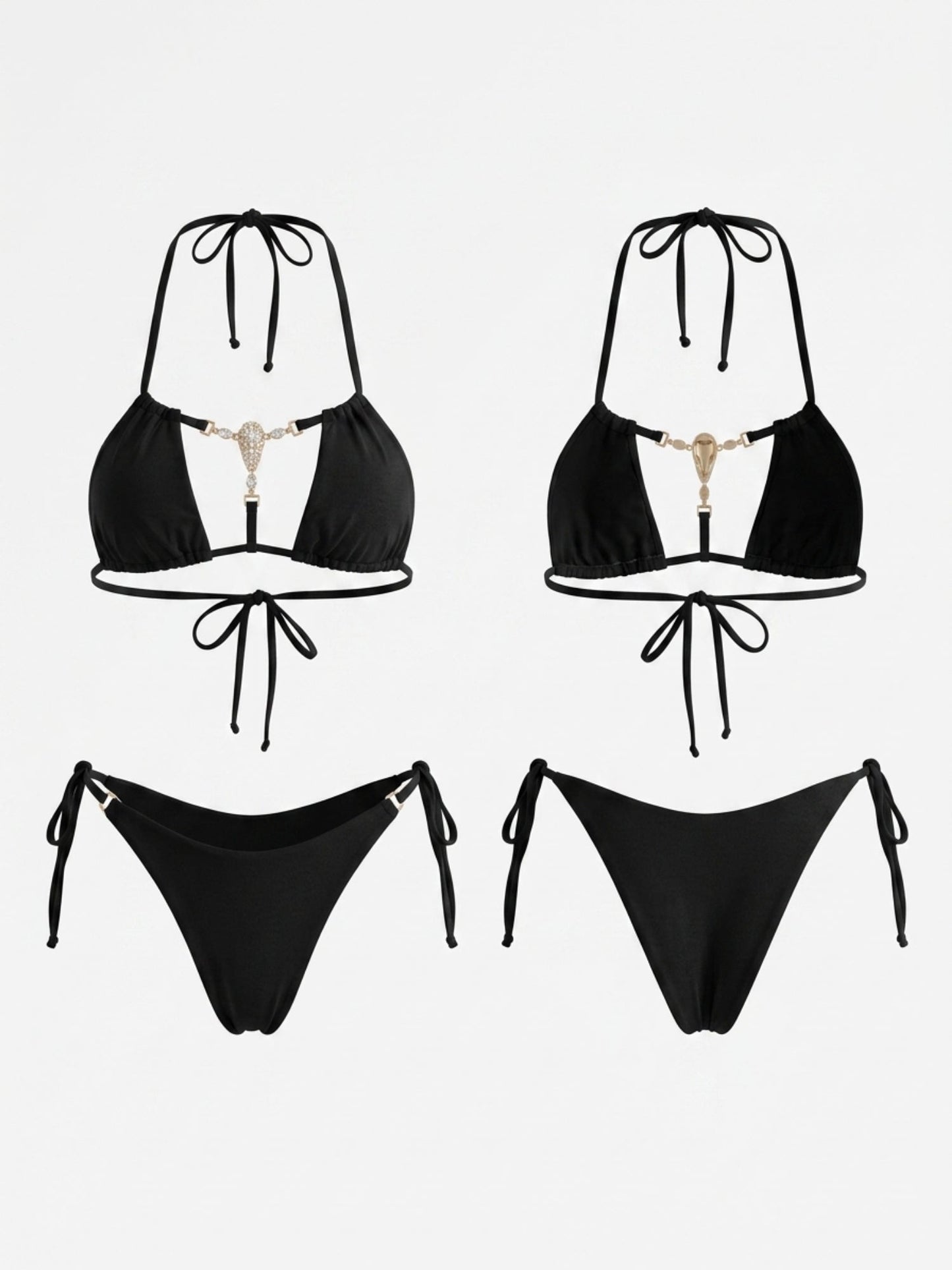 Black Halter Rhinestone Decor Side Tie Two Piece Bikini