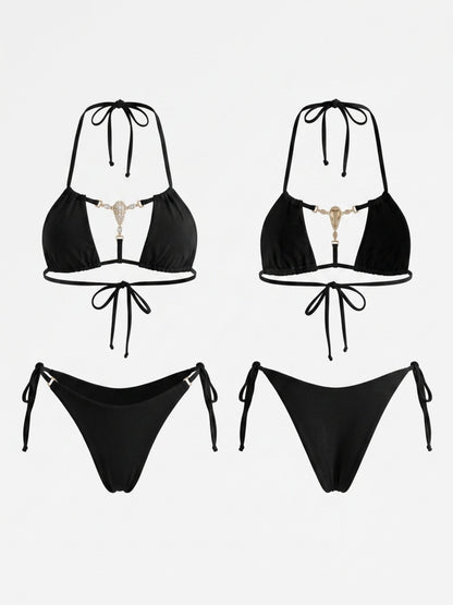 Black Halter Rhinestone Decor Side Tie Two Piece Bikini