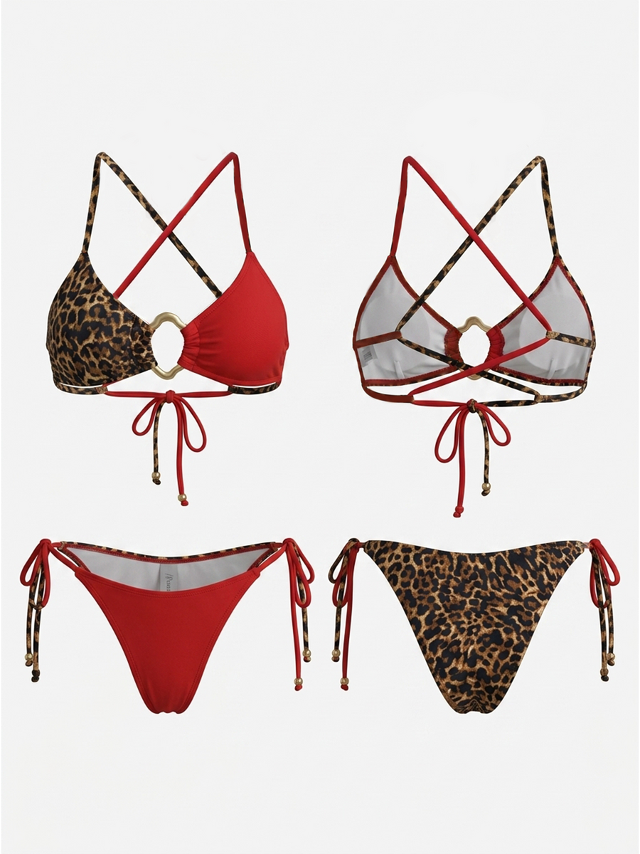 Leopard Red Color Block Halter Gold Ring Side Tie Bikini Set