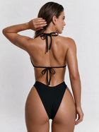 Black Glitter Halter Triangle Side High Cut Two Piece Bikini Set