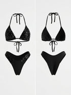 Black Glitter Halter Triangle Side High Cut Two Piece Bikini Set