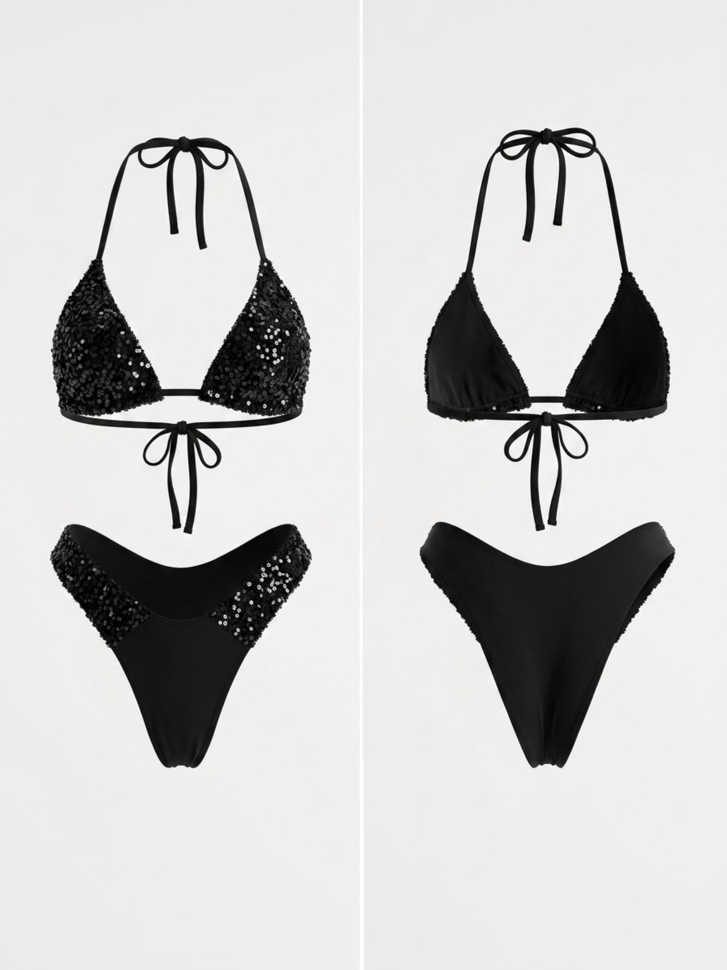 Black Glitter Halter Triangle Side High Cut Two Piece Bikini Set