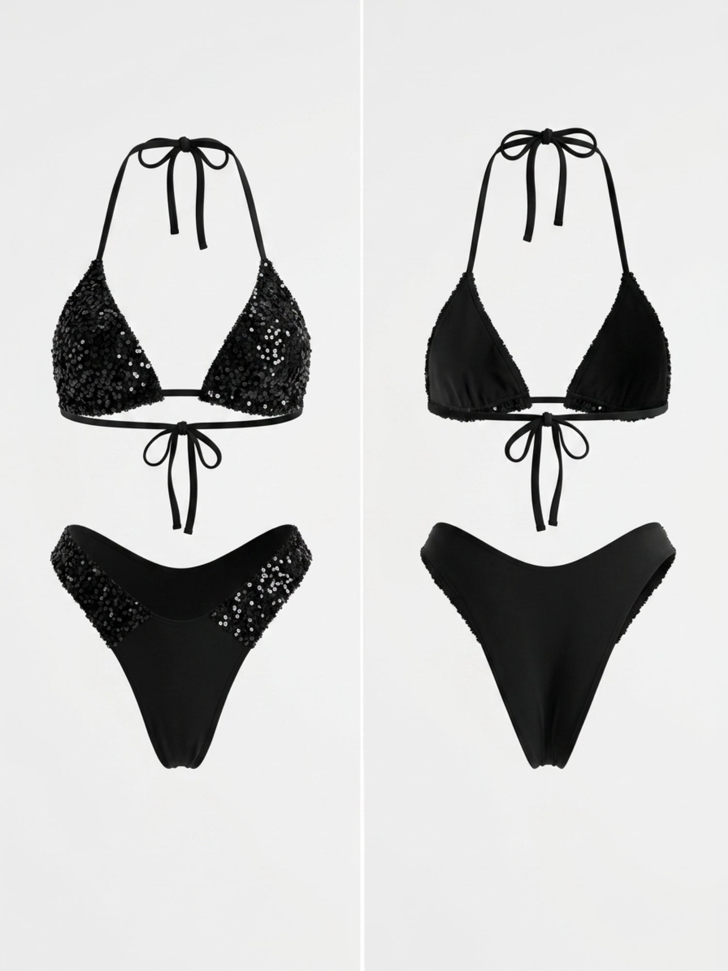 Black Glitter Halter Triangle Side High Cut Two Piece Bikini Set