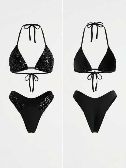Black Glitter Halter Triangle Side High Cut Two Piece Bikini Set