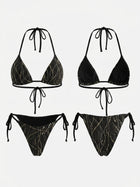 Black Rhinestone Striped Halter Side Tie Bikini