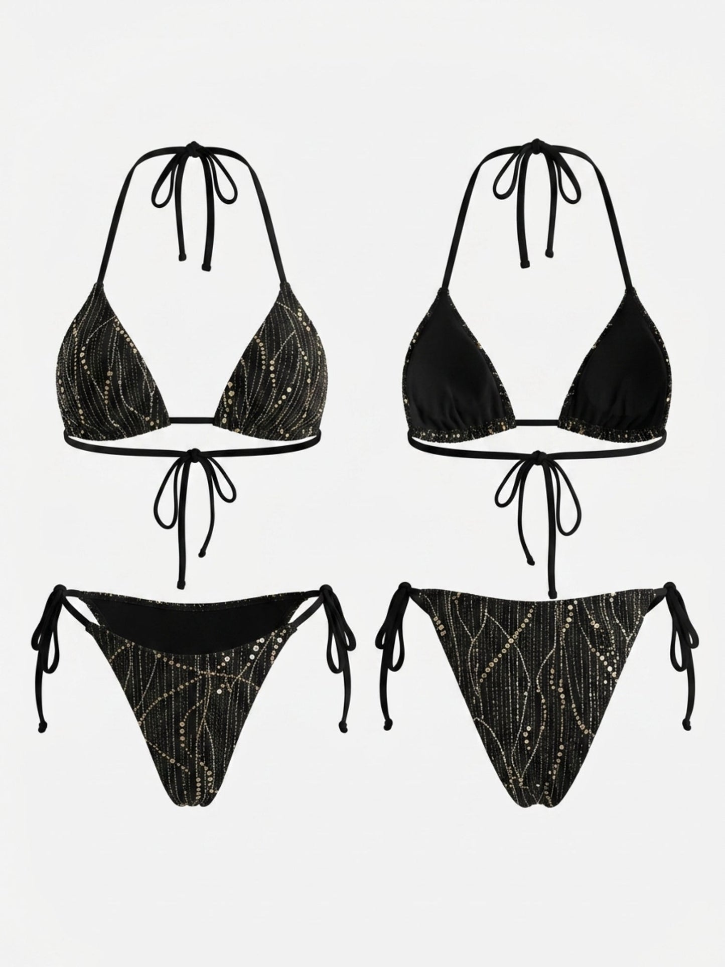 Black Rhinestone Striped Halter Side Tie Bikini