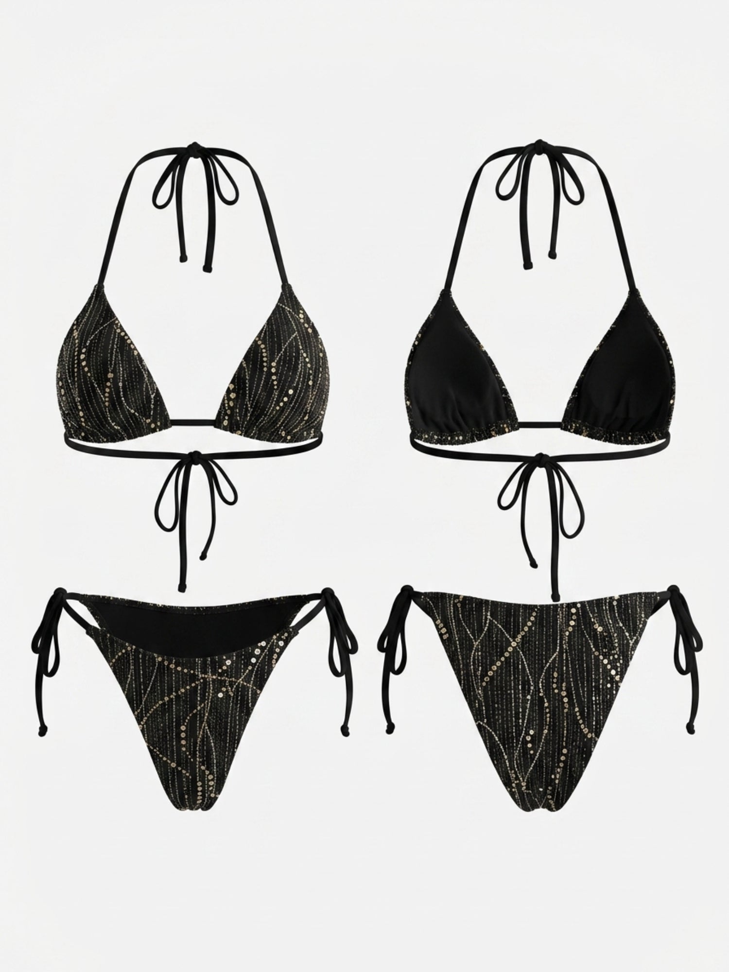 Black Rhinestone Striped Halter Side Tie Bikini