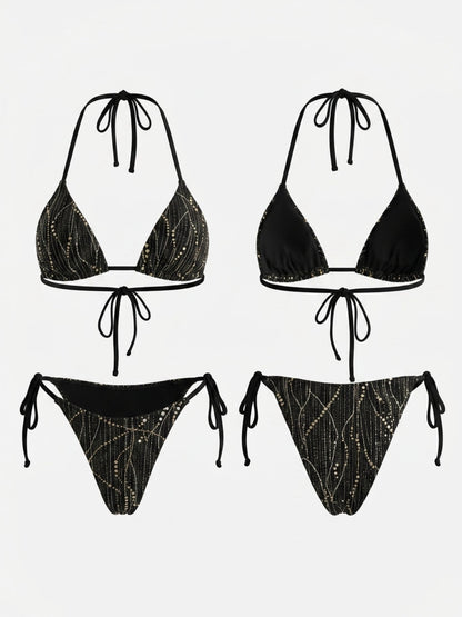 Black Rhinestone Striped Halter Side Tie Bikini