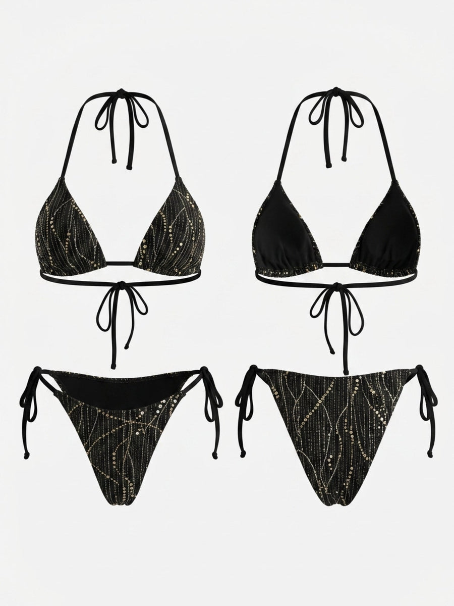 Black Rhinestone Striped Halter Side Tie Bikini