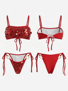 Red Paillette Spaghetti Strap Heart Ring Side Tie Bikini Set