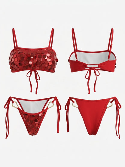 Red Paillette Spaghetti Strap Heart Ring Side Tie Bikini Set