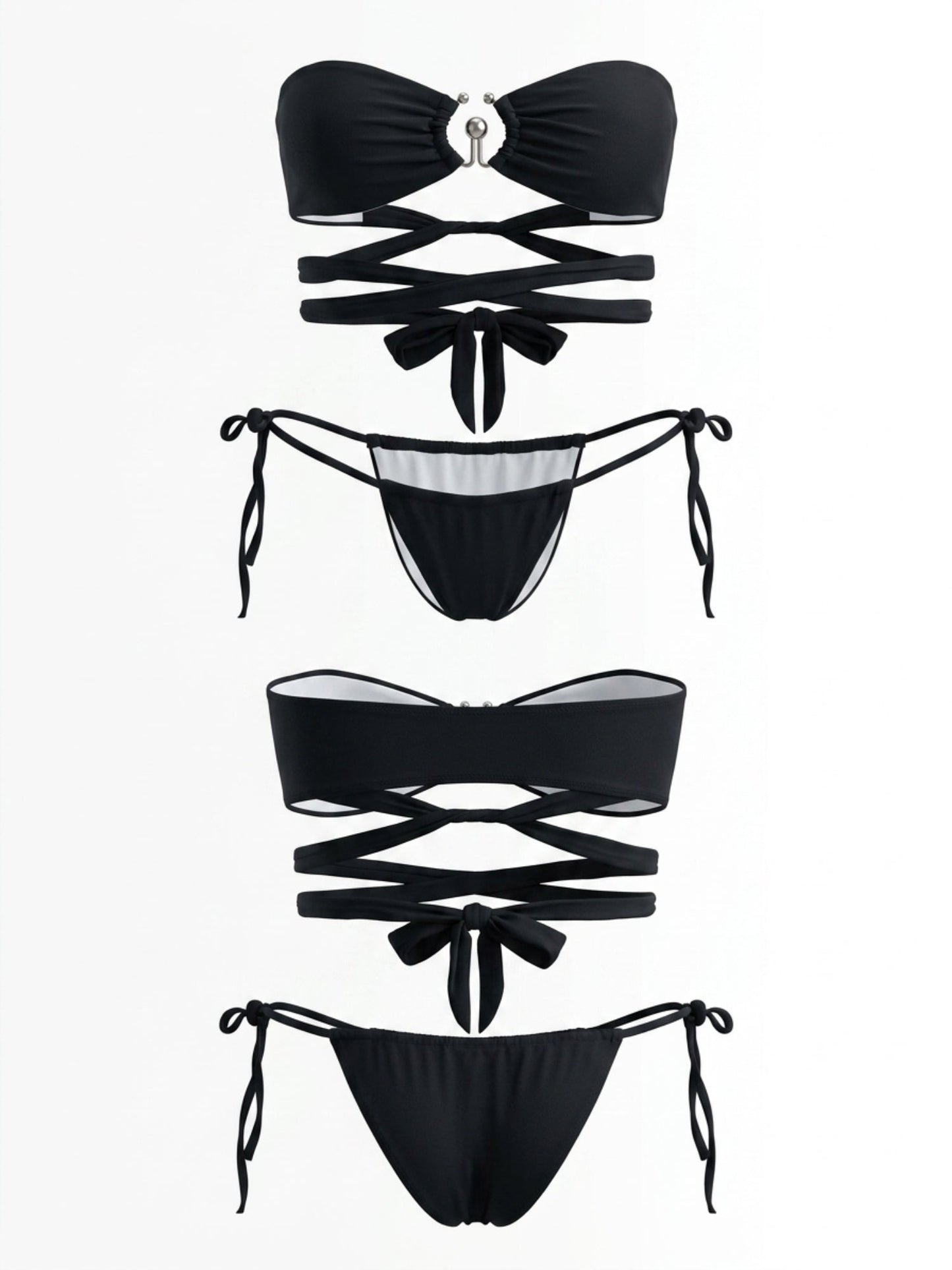Black Bandeau Metal Ring Wrap Cross Strap Side Tie Bikini Set