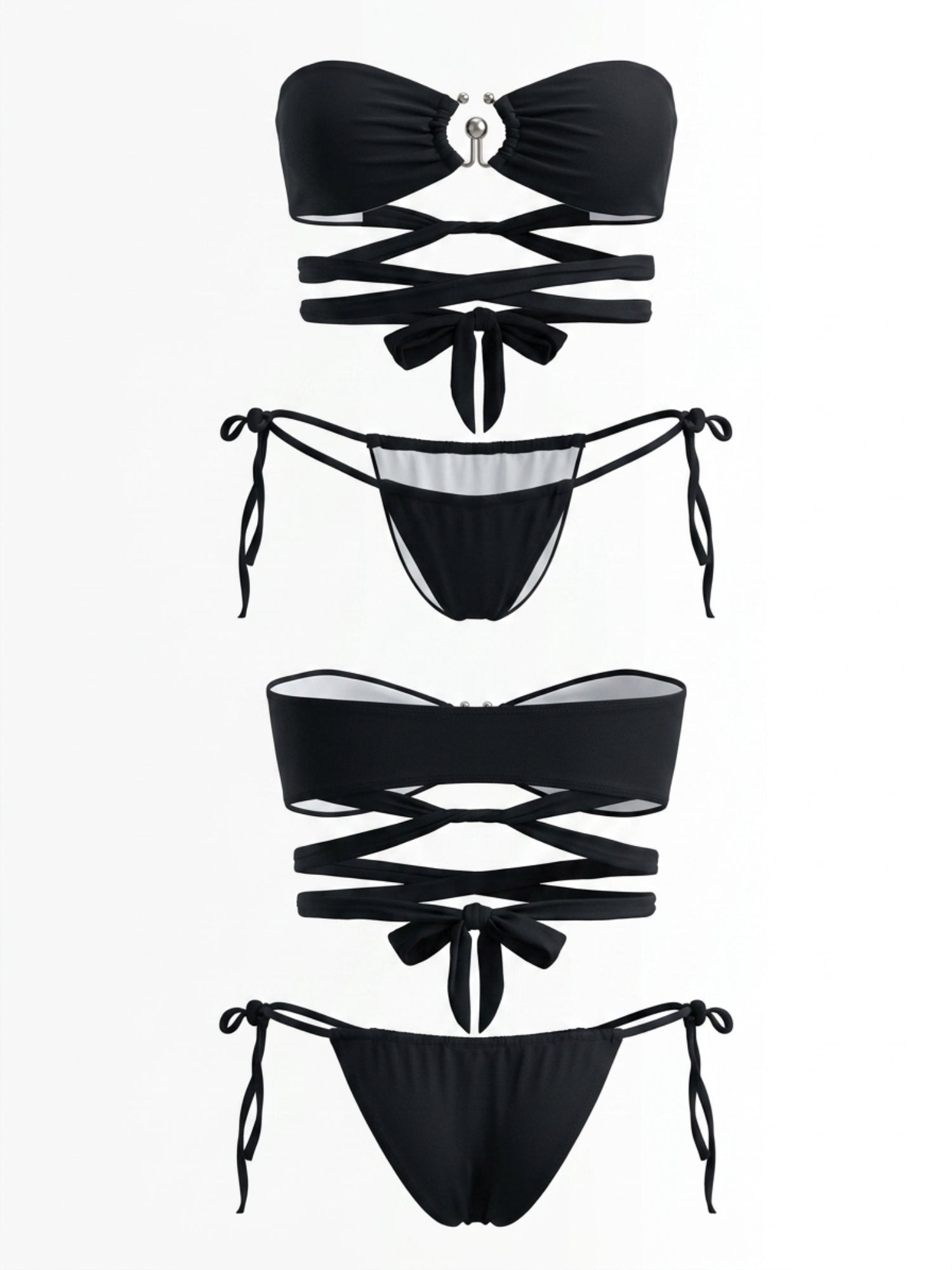 Black Bandeau Metal Ring Wrap Cross Strap Side Tie Bikini Set