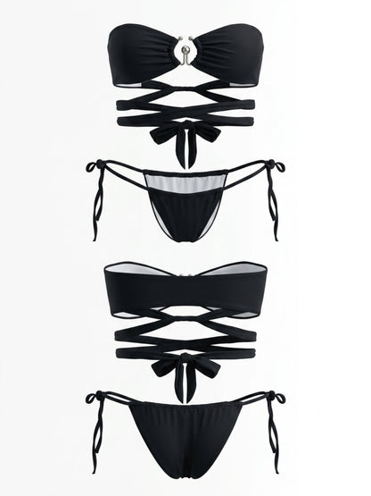 Black Bandeau Metal Ring Wrap Cross Strap Side Tie Bikini Set