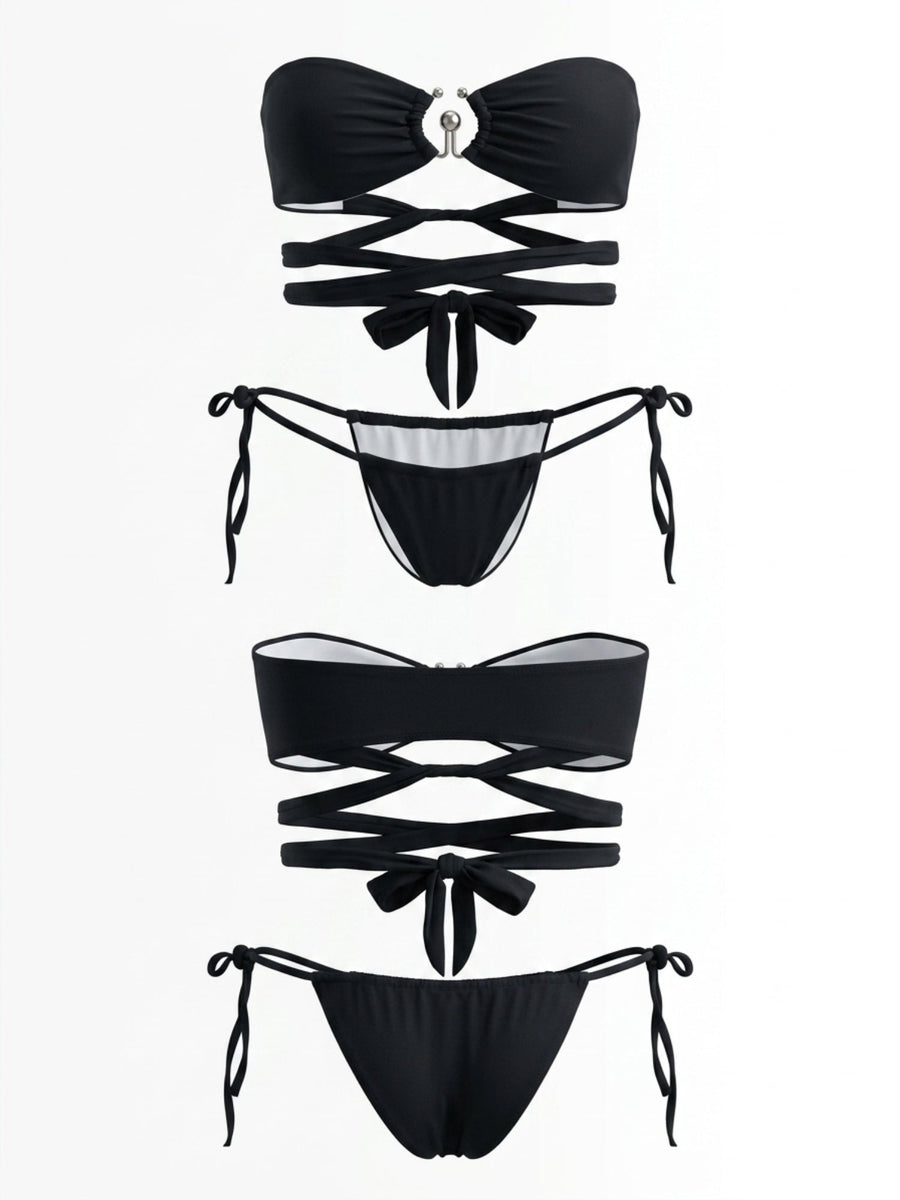 Black Bandeau Metal Ring Wrap Cross Strap Side Tie Bikini Set