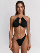 Black Waffle Texture Chain Halter Cutout Bikini Set