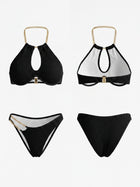 Black Waffle Texture Chain Halter Cutout Bikini Set