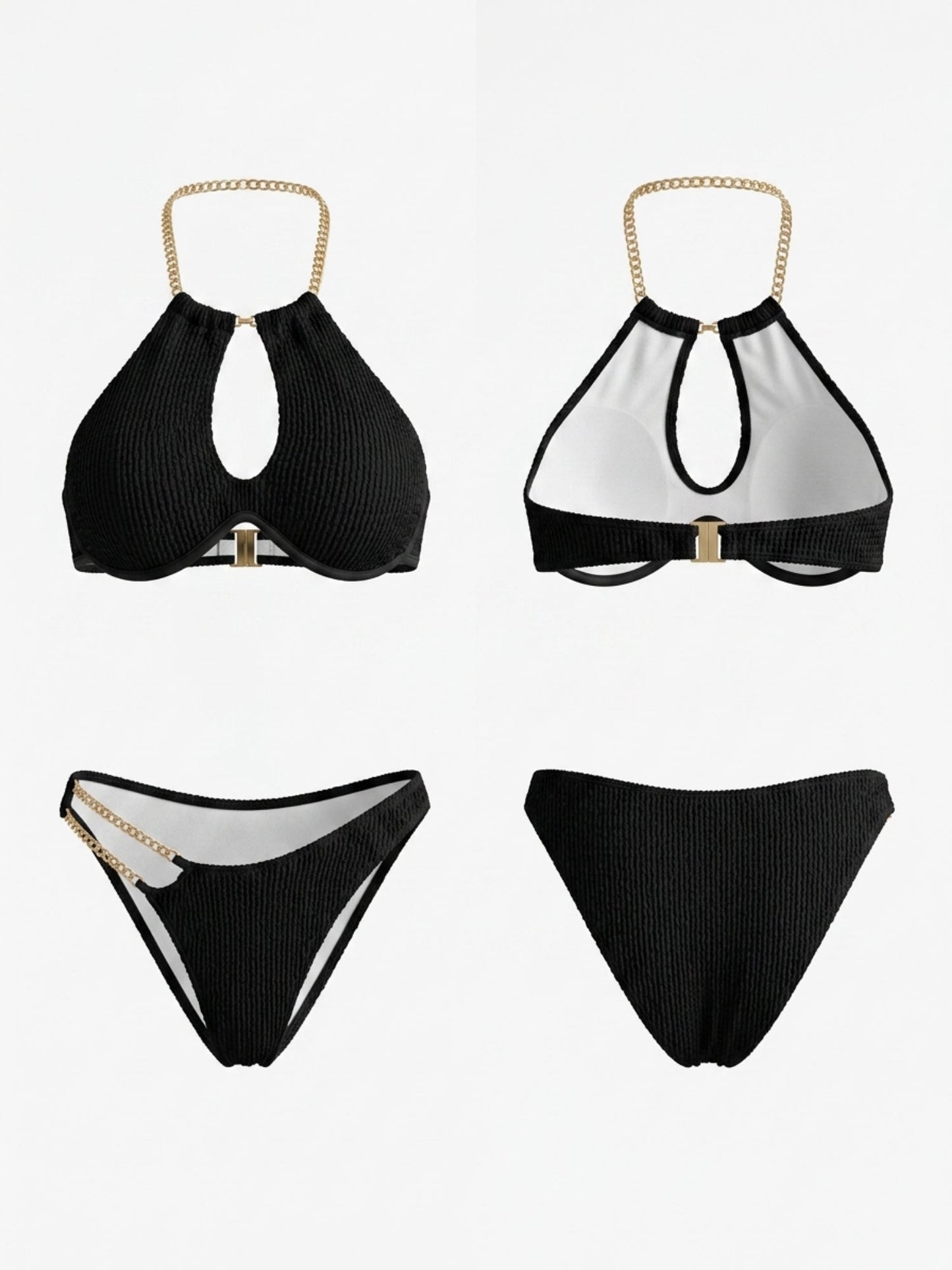 Black Waffle Texture Chain Halter Cutout Bikini Set