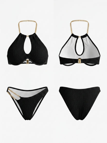 Black Waffle Texture Chain Halter Cutout Bikini Set