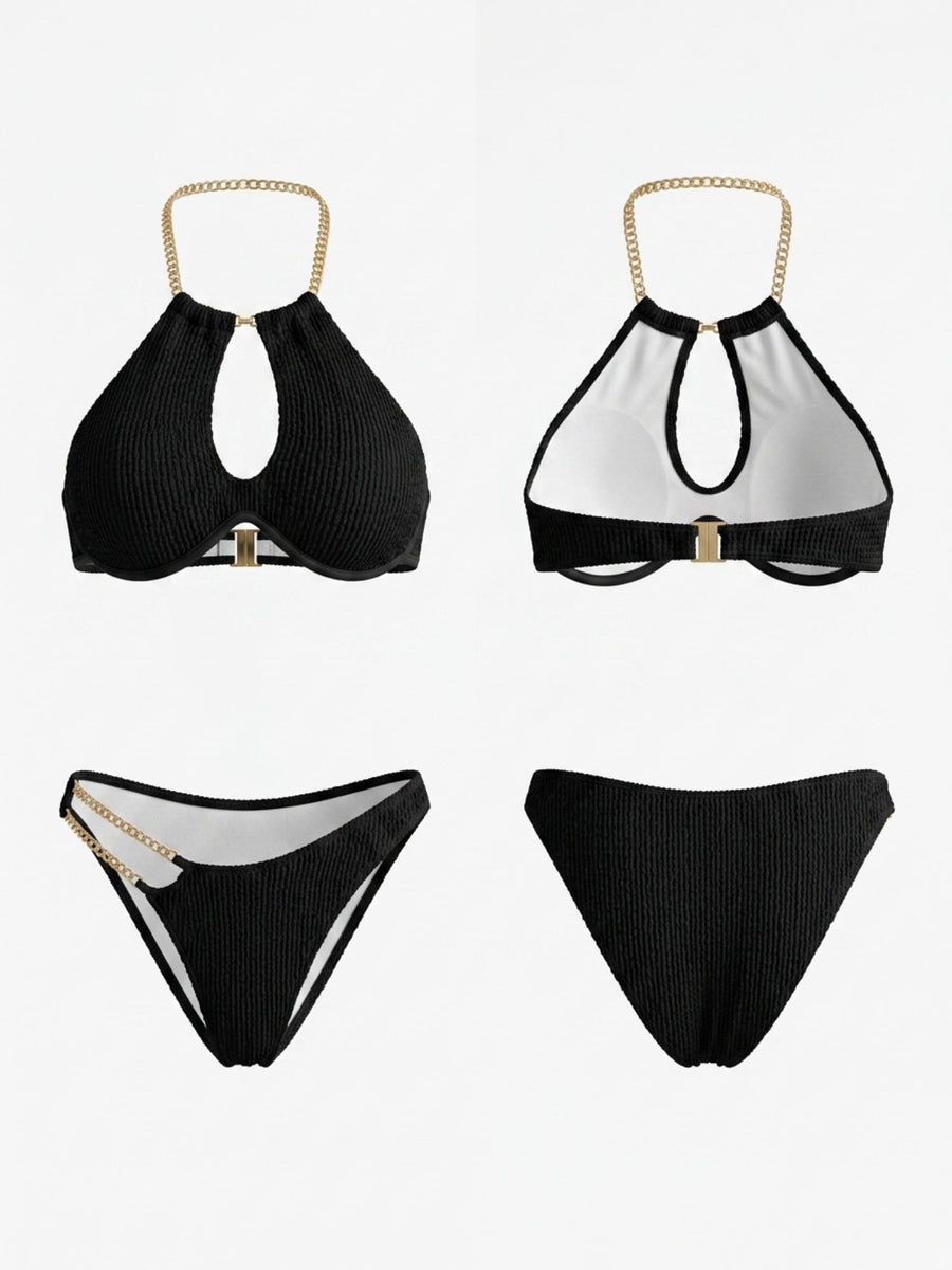 Black Waffle Texture Chain Halter Cutout Bikini Set