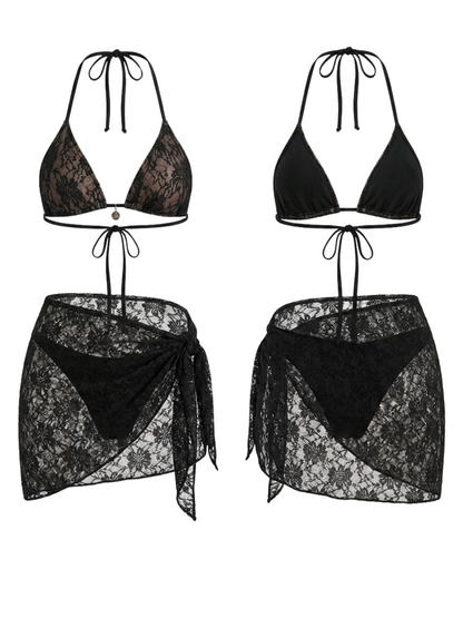 Lace Halter Bikini With Wrap Sarong 3 Piece Swim Set