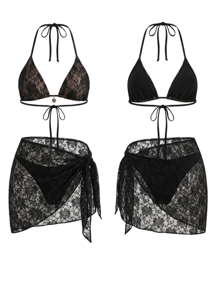 Lace Halter Bikini With Wrap Sarong 3 Piece Swim Set