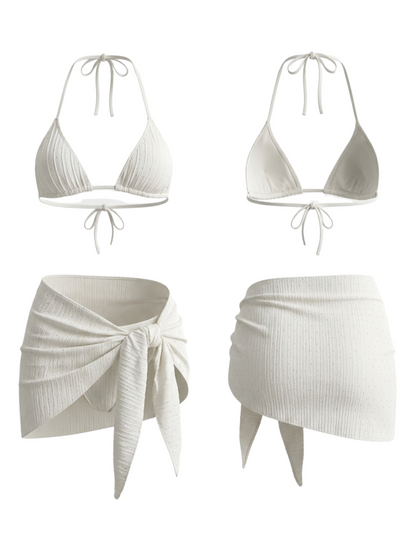 Solid White Textured Triangle Bikini 3 Pieces Swimwear