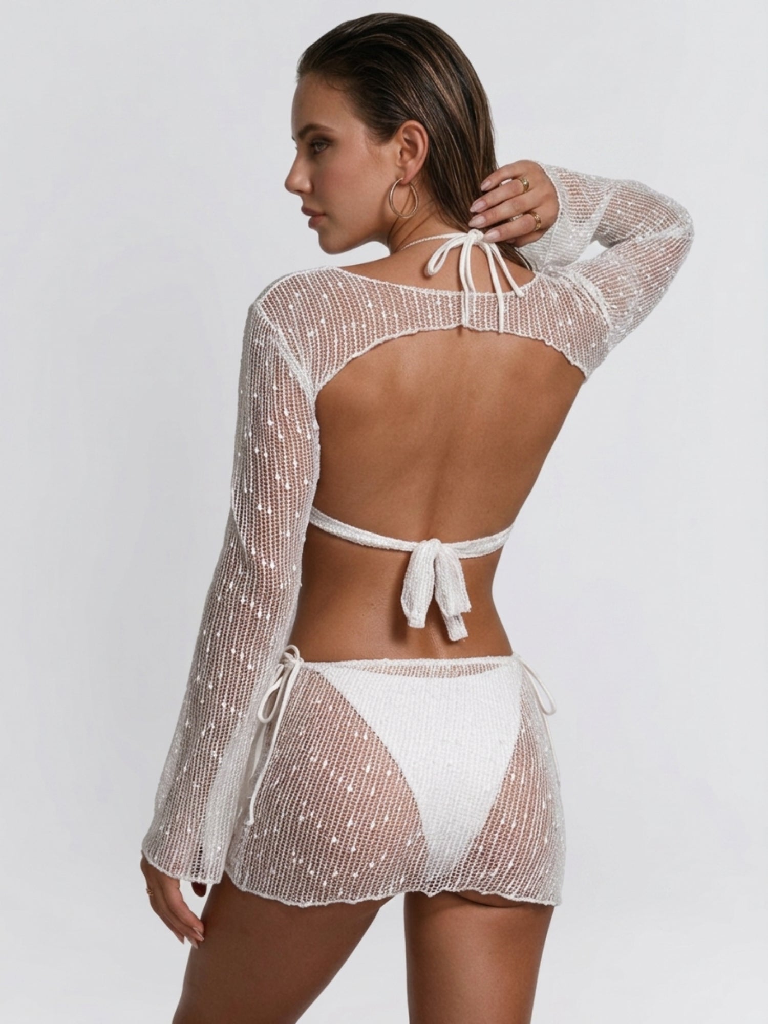 Textured Bikini Sheer Net Beach Cover Up 3 Piece Swimwear