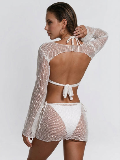 Textured Bikini Sheer Net Beach Cover Up 3 Piece Swimwear