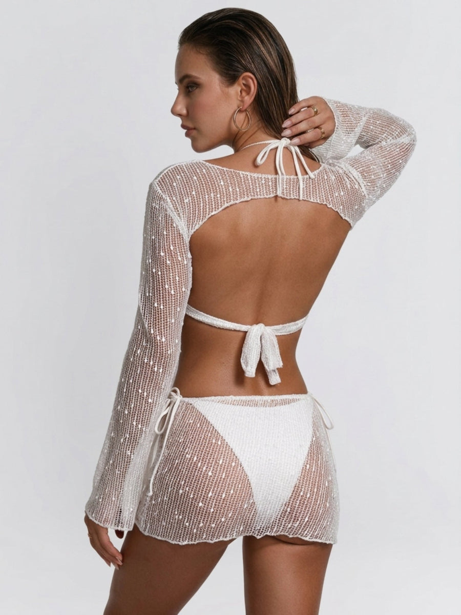 Textured Bikini Sheer Net Beach Cover Up 3 Piece Swimwear