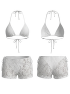Floral Lace Halter Bikini With Lace Shorts 3 Piece Set