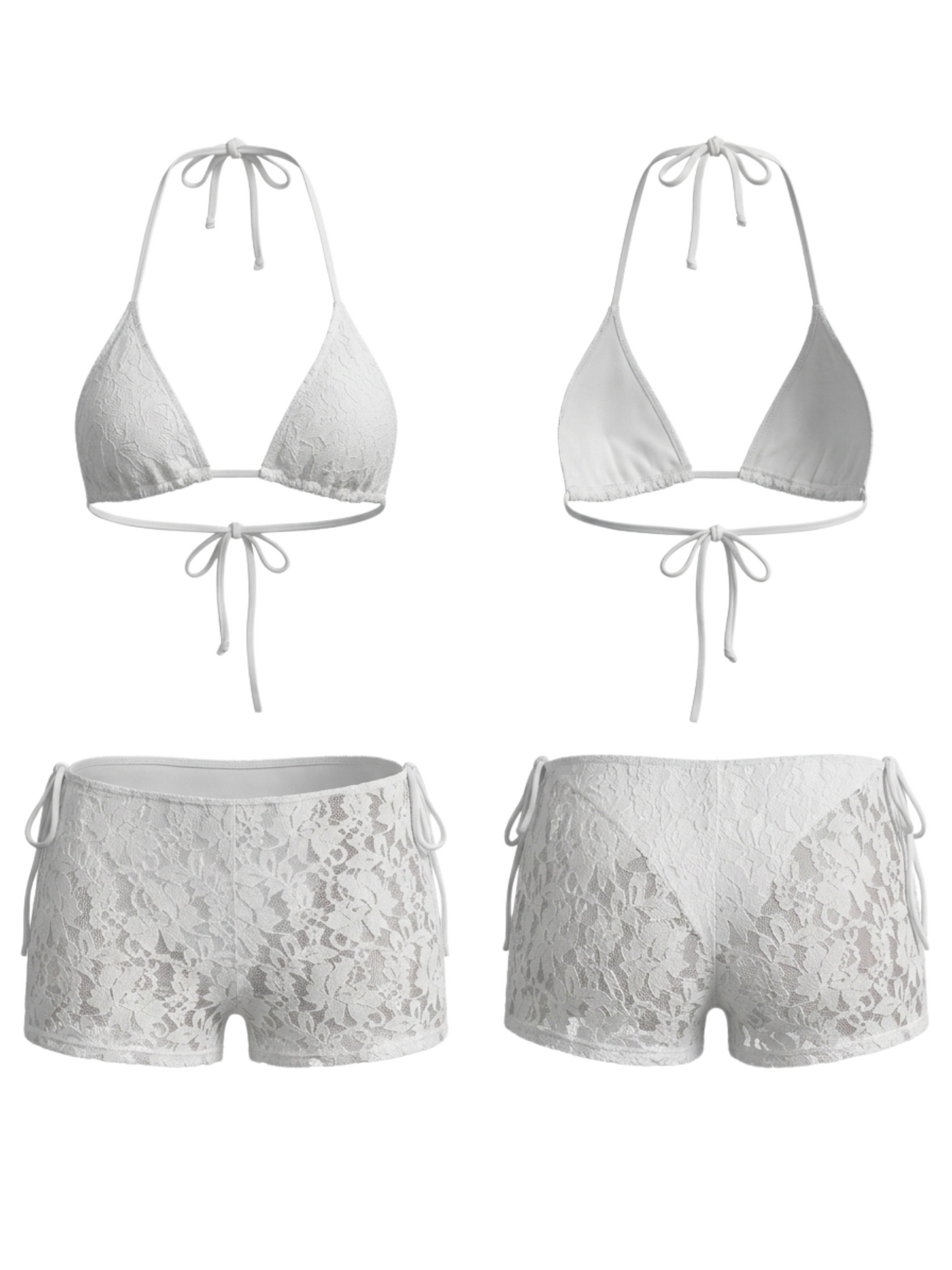 Floral Lace Halter Bikini With Lace Shorts 3 Piece Set